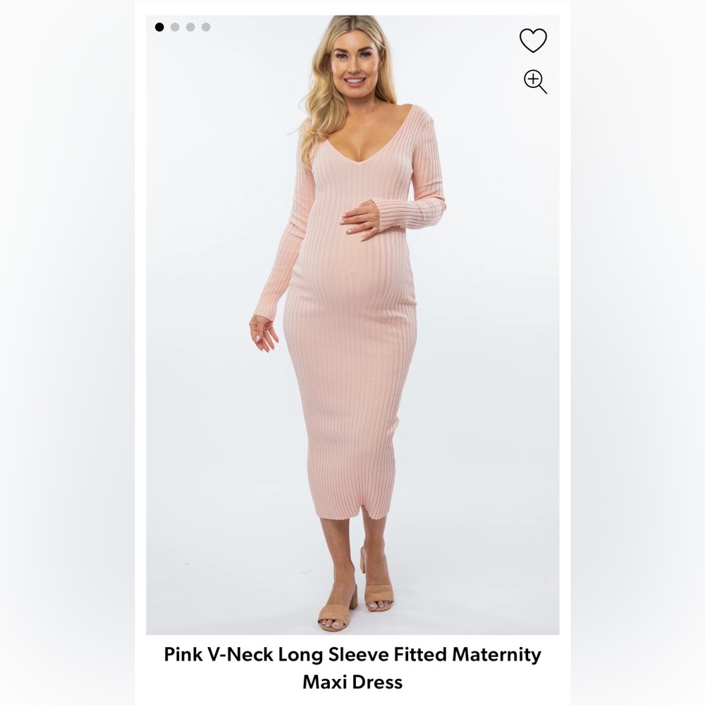 Pink V-Neck Long Sleeve Fitted Maternity Maxi Dress